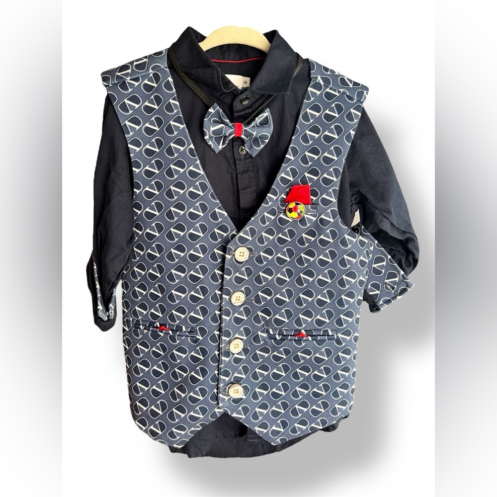 EUC Blue Button-Up Outfit w/ Patterned Vest, Adjustable Bowtie, Pin (Kids 6)